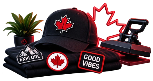 Canadian apparel with maple leaf designs and custom patches beside a heat press
