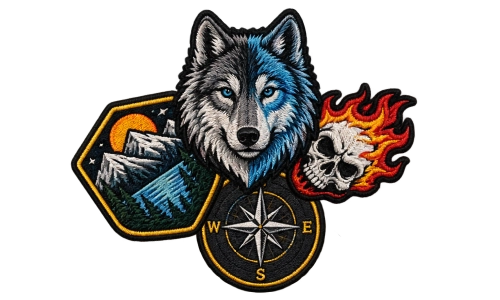 Custom embroidered iron on patches with wolf and compass designs
